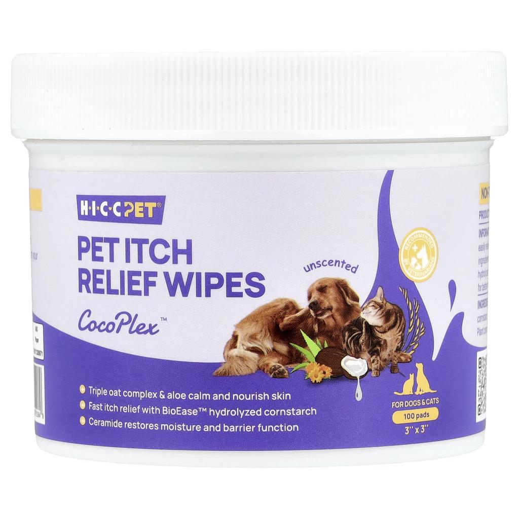 HICC Pet, Itch Relief Wipes for Pets and Cats, Unscented, 100 Pads