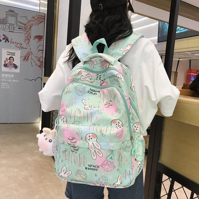 

Small fresh literary printing student schoolbag spring and summer new large-capacity backpack with pendant зелений