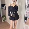 Early autumn new fashion foreign style design sense one-word shoulder short dress niche personality plaid shirt short skirt