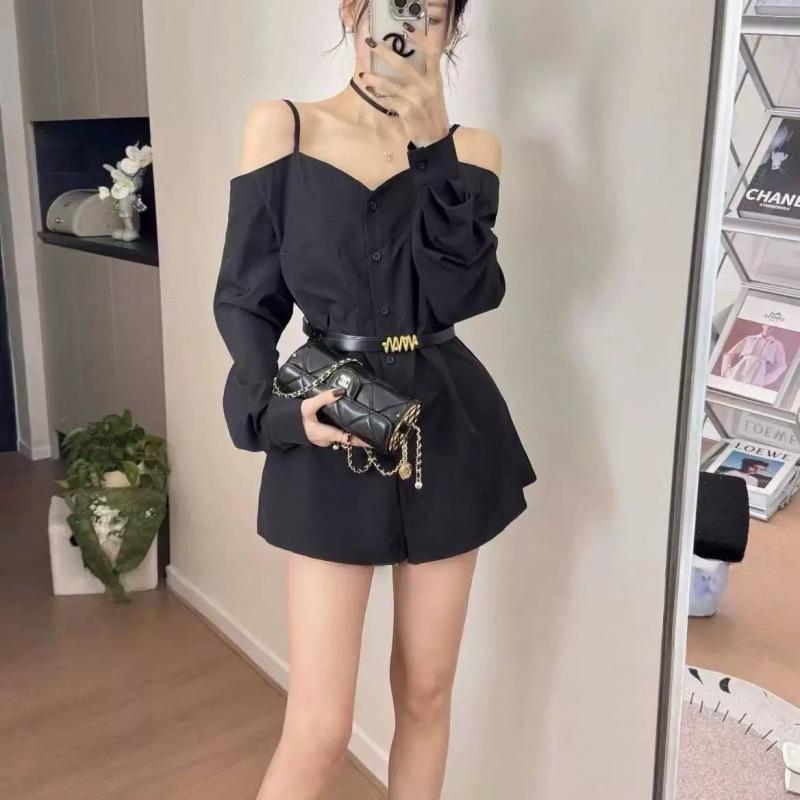 Early autumn new fashion foreign style design sense one-word shoulder short dress niche personality plaid shirt short skirt