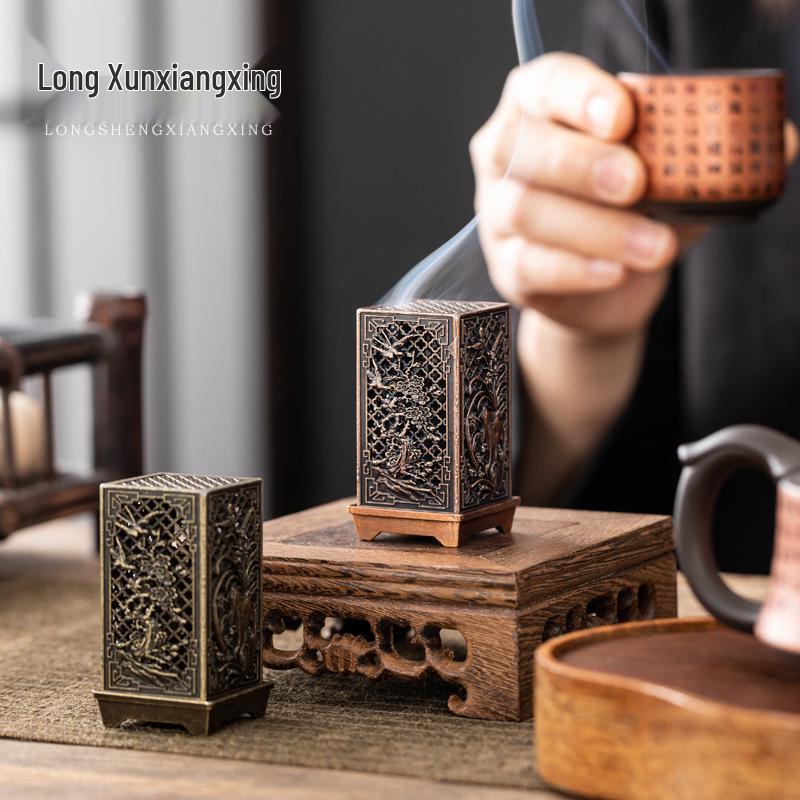 Square Alloy Plum Orchid Bamboo Incense Burner – Decorative Aroma Diffuser for Indoor Office or Tea Room