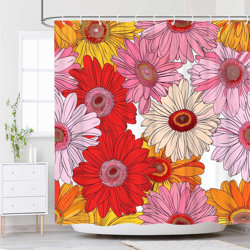 

1Pc Polyester Digital Flower Shower Curtain, Modern Style, Vibrant Pink & Red Gerbera Daisies With White & Orange Stylized W60H190(CM)-1 Pcs