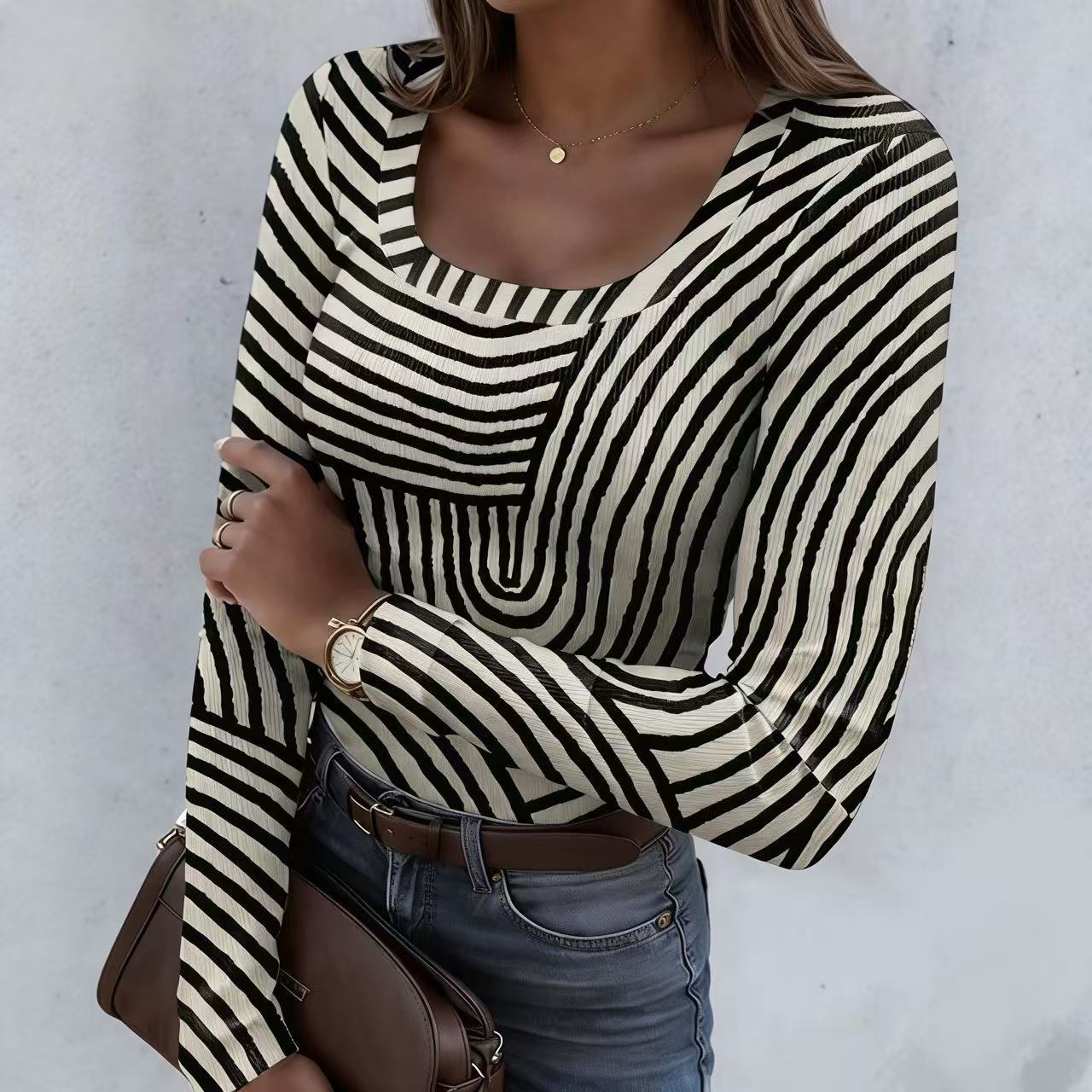 2026 Spring/Summer New Striped Long-Sleeve Top U-Neck Fashion Trend Slim-Fit Women s Clothing S