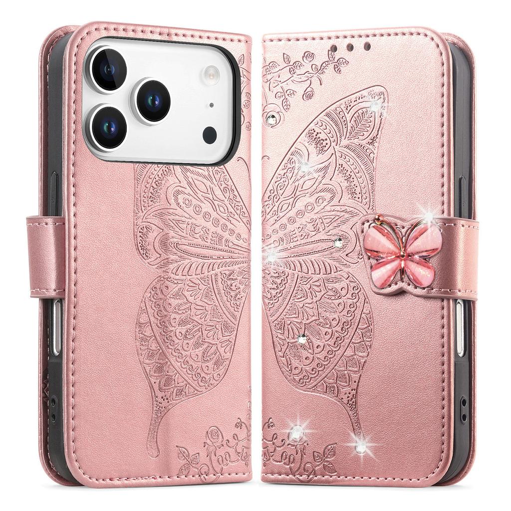 For iPhone 17 Pro Case 3D Rhinestone Decor Butterfly Flower Leather Phone Cover with Wrist Strap