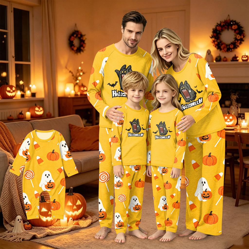 Family Matching Halloween Pajamas Set with Print and Patchwork Design for Parents and Kids