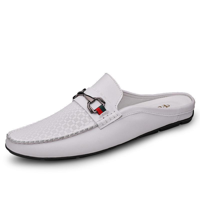 Men's Slip-On Casual Leather Shoes with Embossed Metal Buckle - Comfortable & Breathable