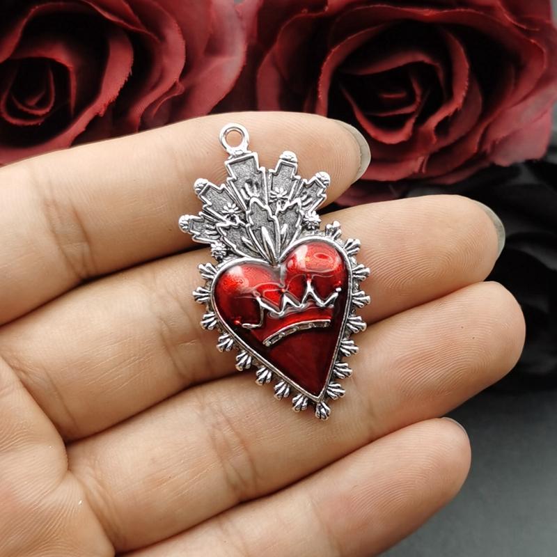 4pcs 26*46mm Gothic Pendant Alloy Red Enamel Flame Sacred Heart Corazon Pendants DIY Handmade Jewelry Making Accessories