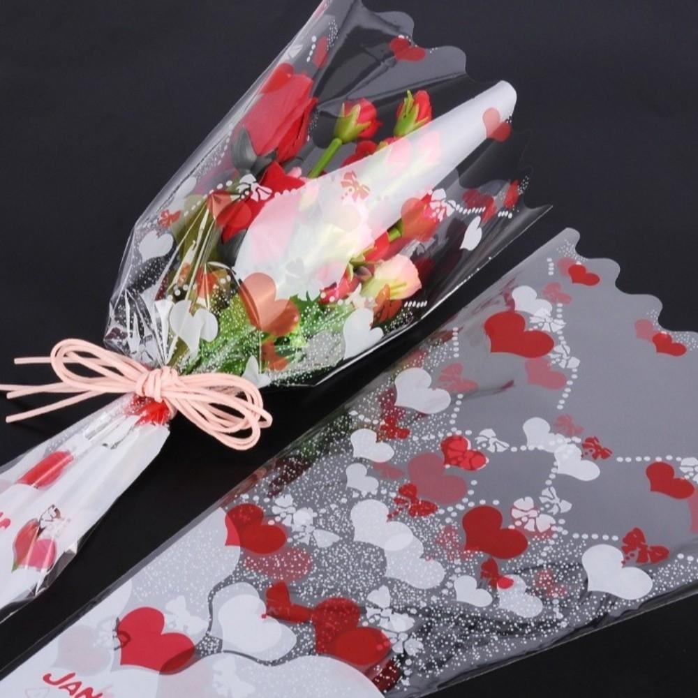 100 Pieces Heart-Shaped Rose Bouquet Bags Water Proof Transparent Plastic Flower Packaging Bags LOVE Theme Romantic
