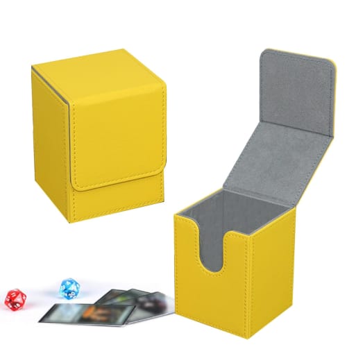 Yellow trading card deck box with sleeves, 7.3x8x10.3cm