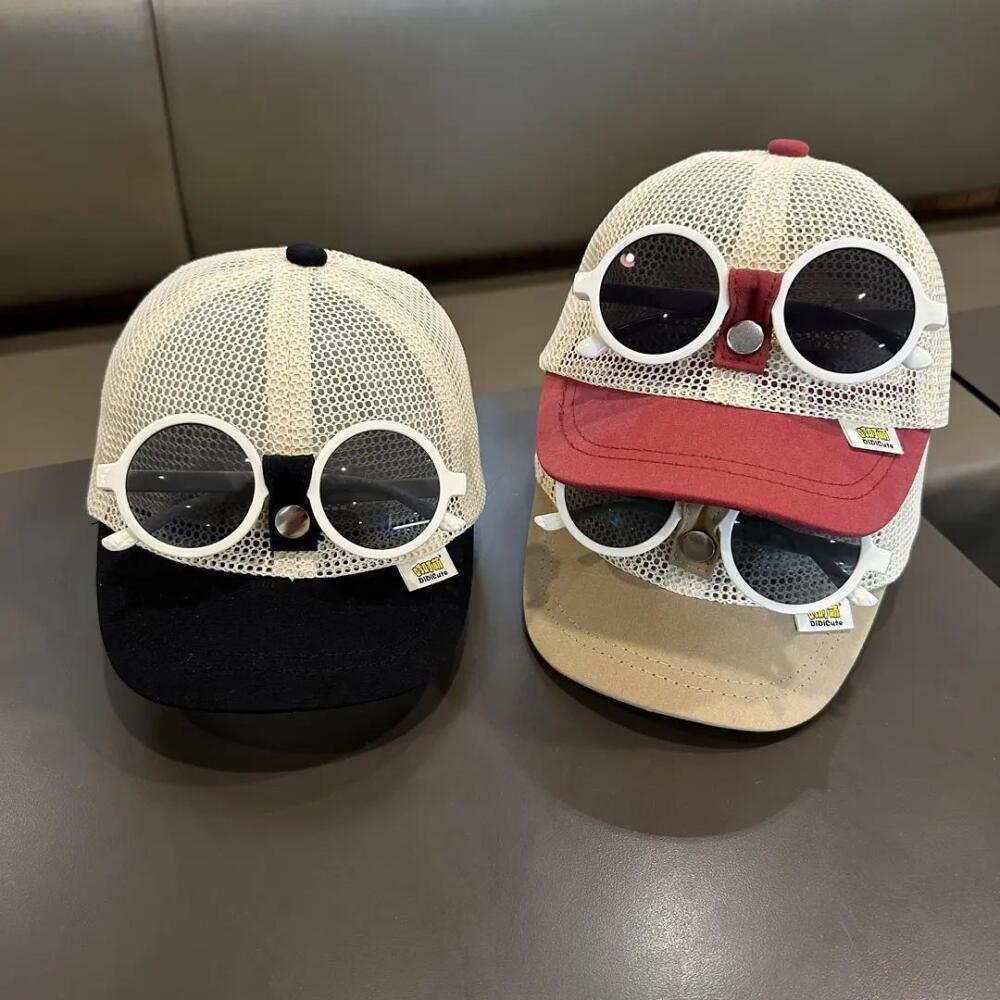 Kids Summer Sun Hat Baseball Cap With Sunglasses Mesh Breathable Baby Boy Girl Sun Protection Bucket Hat Toddler Visor Cap