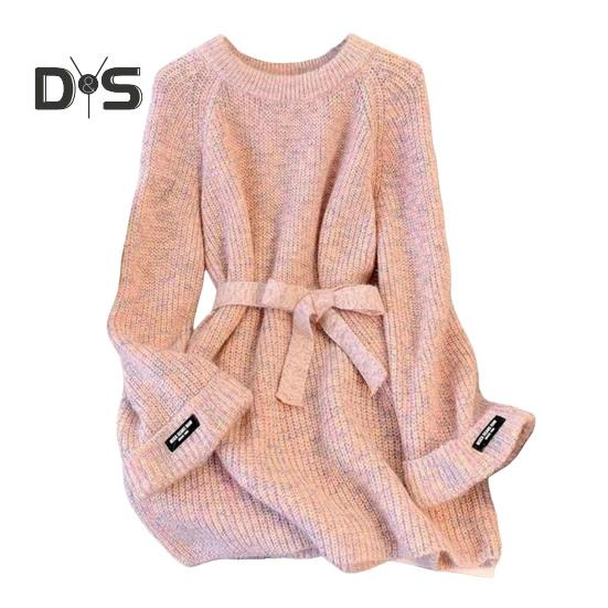 Женский вязаный свитер с круглым вырезом длинным рукавом однотонный пуловер топы с поясом свободный крой трикотаж средней длины розовый 1966₽