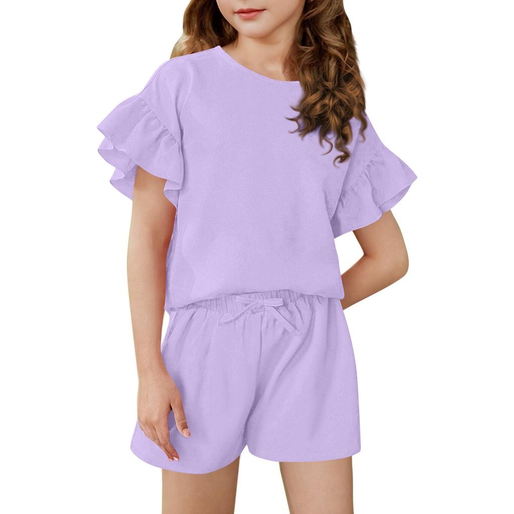 Girls' Summer Outfit Ruffle Sleeve Top And Shorts Clothing Set Lightweight Casual Two Piece