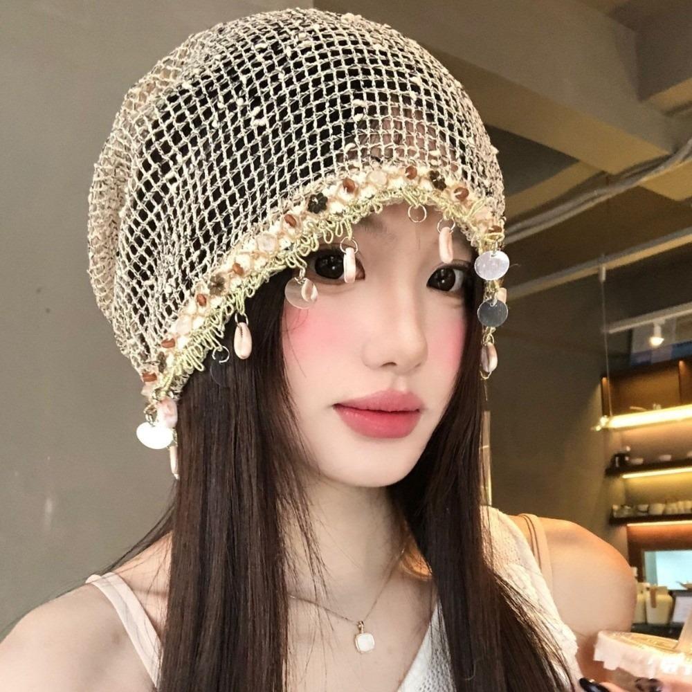 Hollow Out Mesh Beanie for Women Breathable Slouchy Cap Beaded Crochet Cap  Spring Summer бежевый