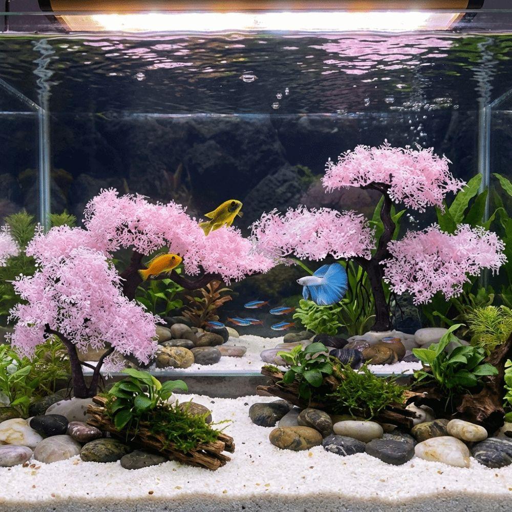 Realistic Aquarium Cherry Blossom Underwater Scene Artificial Plant Landscape Tree  Office Decor