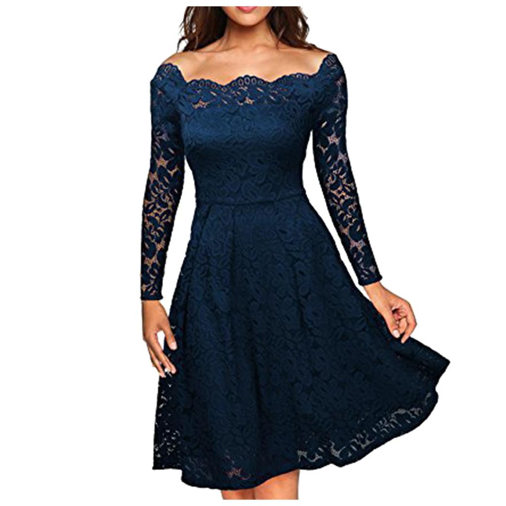 Women's  Casual Fasion Solid Color Strapless Hollow Out Long-sleeve Waist A-line Big Swing Lace With  Dress