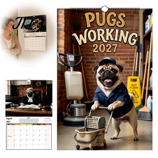 Home Study Room Decoration 2027 Pugs Working Wall Calendar, Funny Dog Hanging Office Organizer 12 Monthly Planner with Unique Illustrations for Decor
