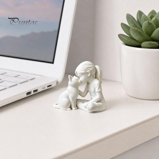 Girl Cat Sculpture 3D Printed and Statue, Cute with Kitty Figurine Resin Desktop Decor, Modern Art High-end Texture Ornament for Home Office