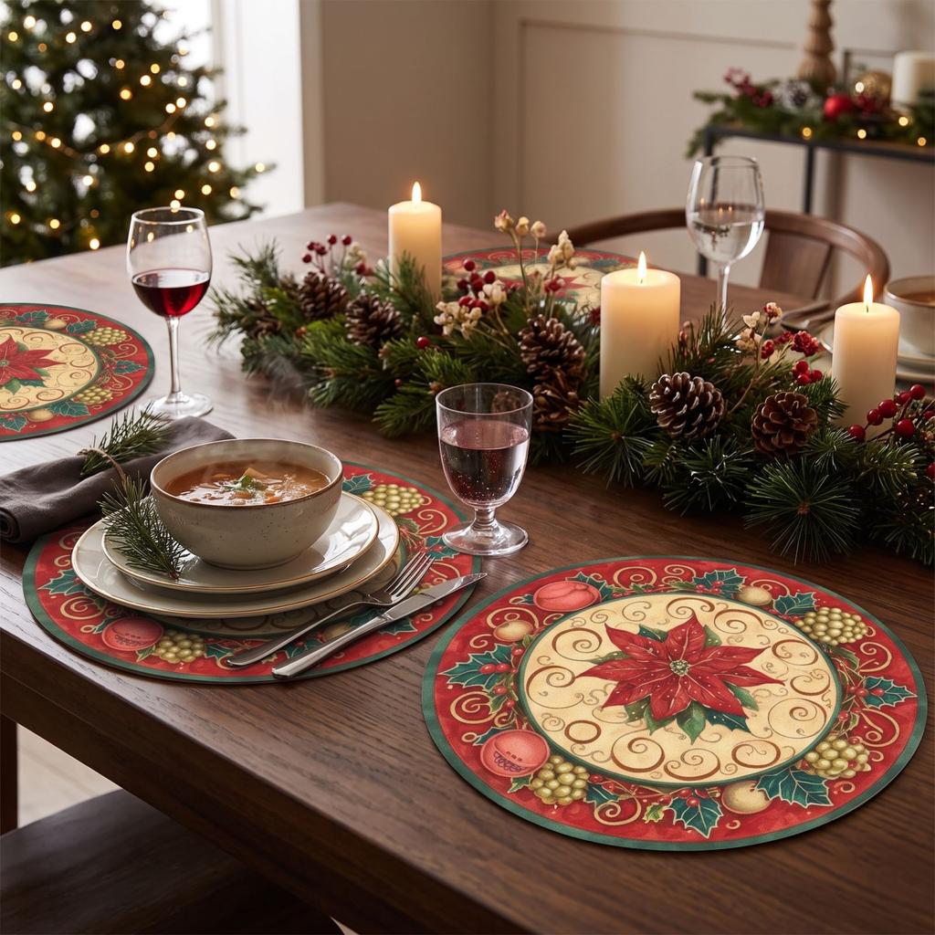 Set von 4 runden Weihnachtsplatzdeckchen, bedruckte Thermo-Tischsets für die Dekoration des Esszimmers