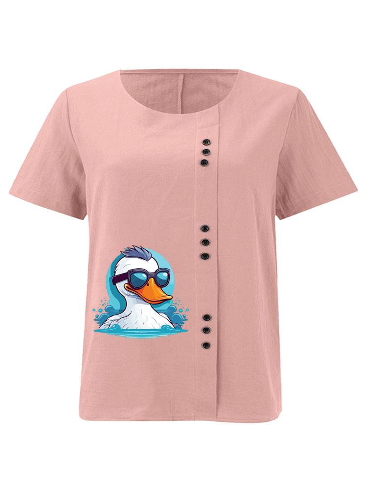 

Women s Fashion Cool White Duck Print Casual Cotton Linen Short Sleeve Round Neck T-shirt Shirt Leisure Loose Summer Blouse Tops S