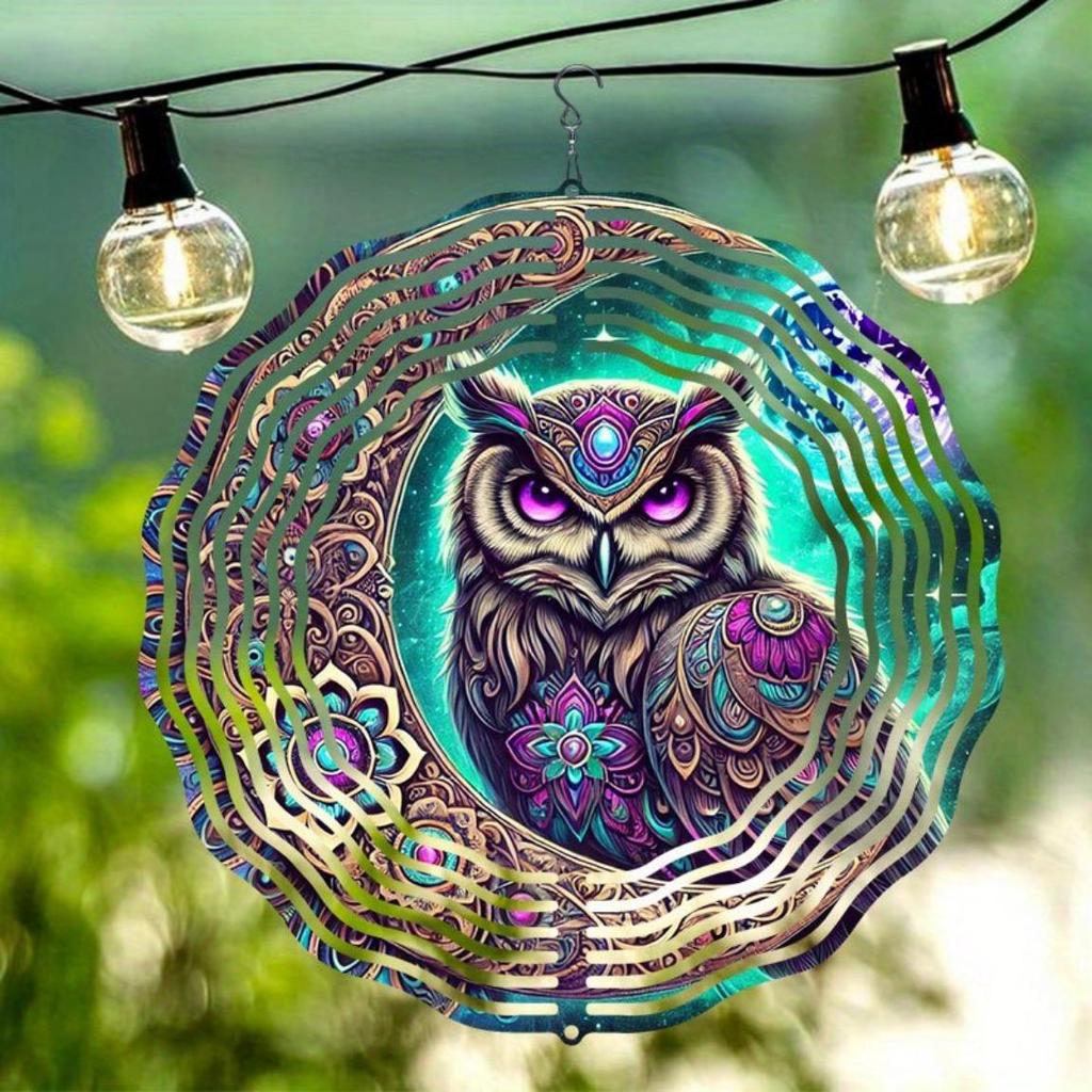 3D Metal Owl Wind Chime Outdoor Hanging Decor with Iridescent Purple Blue Golden Patterns Perfect for Christmas Thanksgiving Holiday