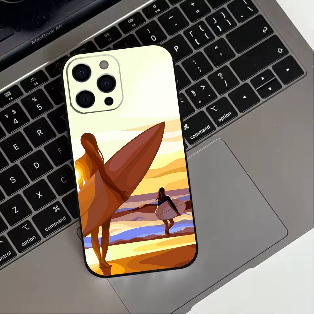 

Surfboard Surfing Art Surf Girl Phone Case For iPhone 17,16,15,14,13,12,11 Plus,Pro Max,XS,Soft Silicone Black Cover iPhone16