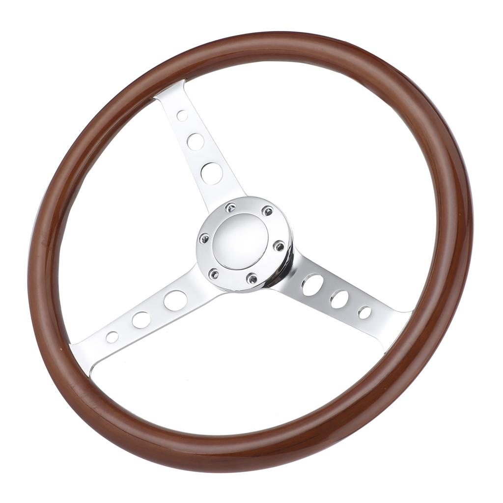 15in 6 Hole Steering Wheel Retro Mahogany Wood Grip Stainless Steel Spoke with Horn Cover Cable
