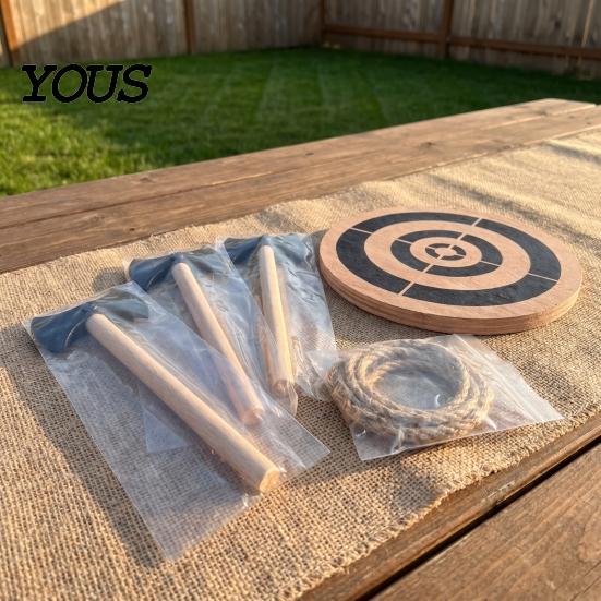 Outdoor Dart Game Ax Throwing Target Kit, with Wood Disc, 3 Axes, Rope, for Indoor Backyard Family Party