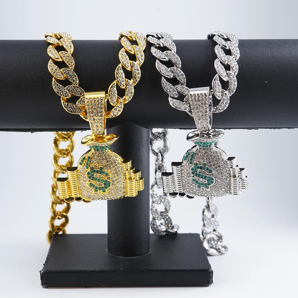 Creative Dollar Sign Money Bag Necklace with Rhinestone Pendants - Trendy Hip Hop Accessory for Men