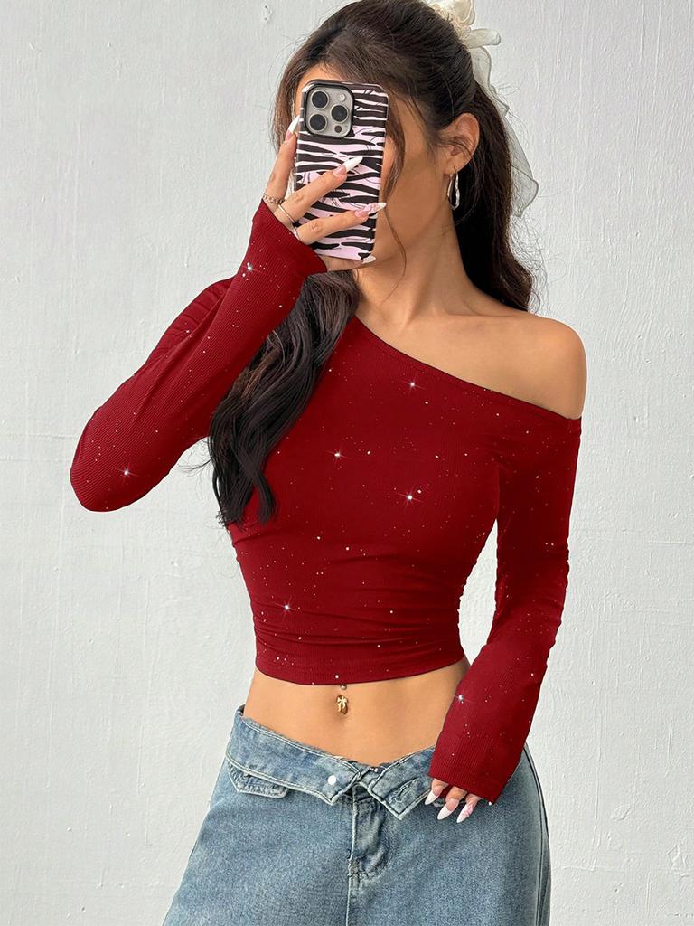 Rocker Studded Shoulder Strap Long Sleeve T-Shirt Women Spring Imported Ins Slim Knit Cami Top