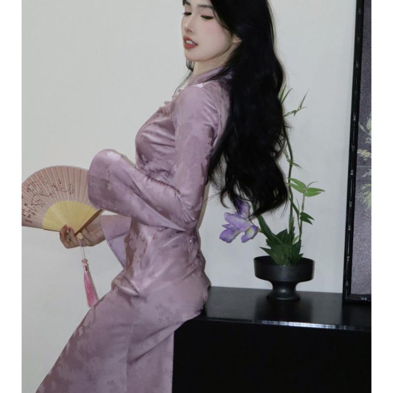 2026 Spring Collection: High-End Exquisite Women's Qipao Dress in Purple with Frog Buttons