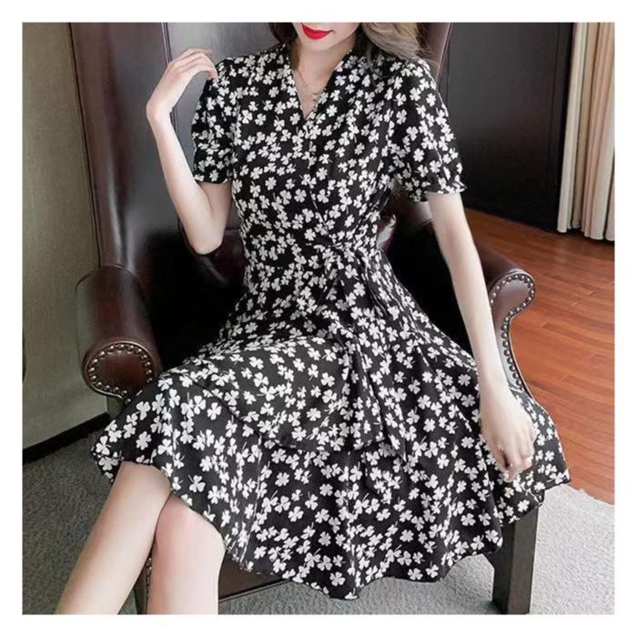 Women's A-line Floral Midi Dress - Summer V-Neck, Bell & Short Sleeves, Slim Waist