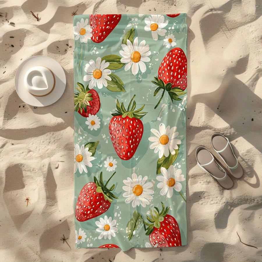 Sandproof Microfiber Beach Towel, Strawberry Daisy Watermelon Print Soft Quick Dry Absorbent for Swimming Camping Bathing Fun