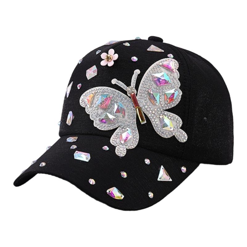 Stylish Rhinestones Baseball Hat for Women with Blingbling Butterfly Design and Sun Protective Duckbill for Everyday Wear