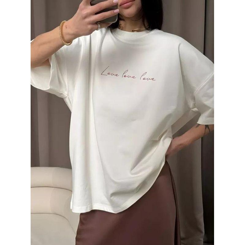 European and American Fashion Print Loose Half Sleeve Short sleeve T-shirt Mid Length Top Women T-Shirt Top Tee Women