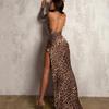 European and American autumn new chain sexy halter suspender skirt irregular high split fashion leopard print dress