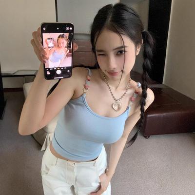 Blaues ärmelloses Sommerweste mit Perlen – Damen Hot Girl kurzes Top, Sideboob-Abdeckung, ohne Brustpolster