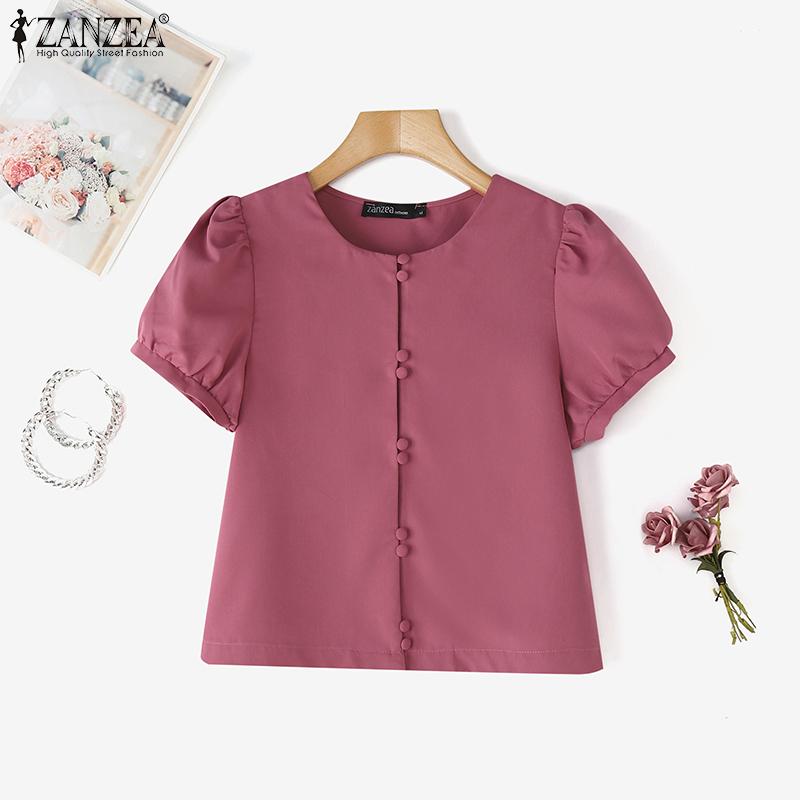 ZANZEA Women Casual Round Neck Solid Color Short Sleeve Blouse