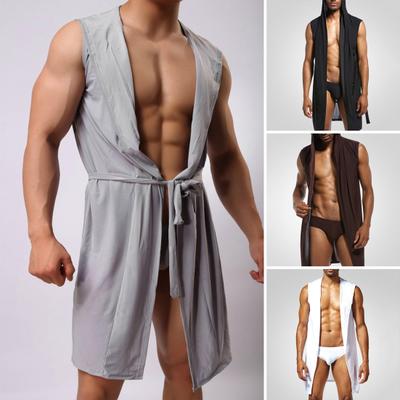 Peignoir pour homme avec ceinture, capuche, sans manches, en soie glacée, couleur unie, ouvert sur le devant