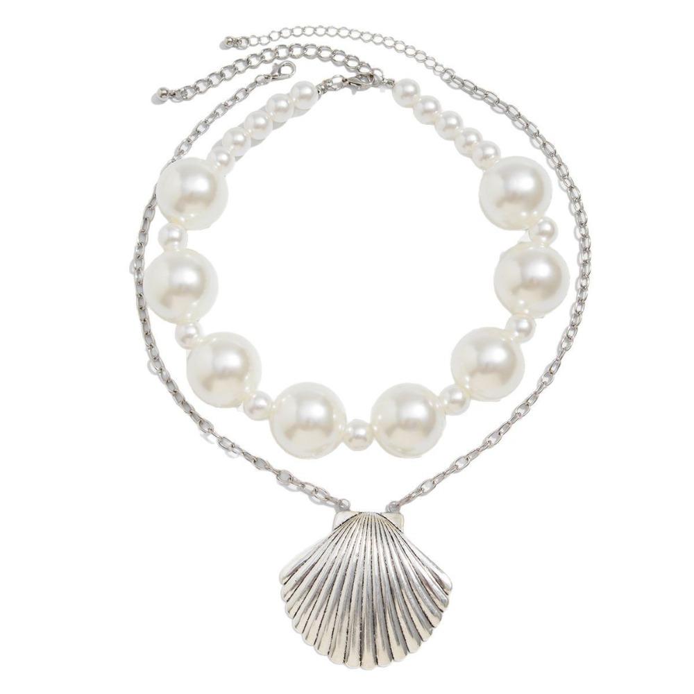 

Elegant Pearl Shell Necklace Exaggerate Beach Necklace Fashion Pearl Beaded Necklace Summer серебряный