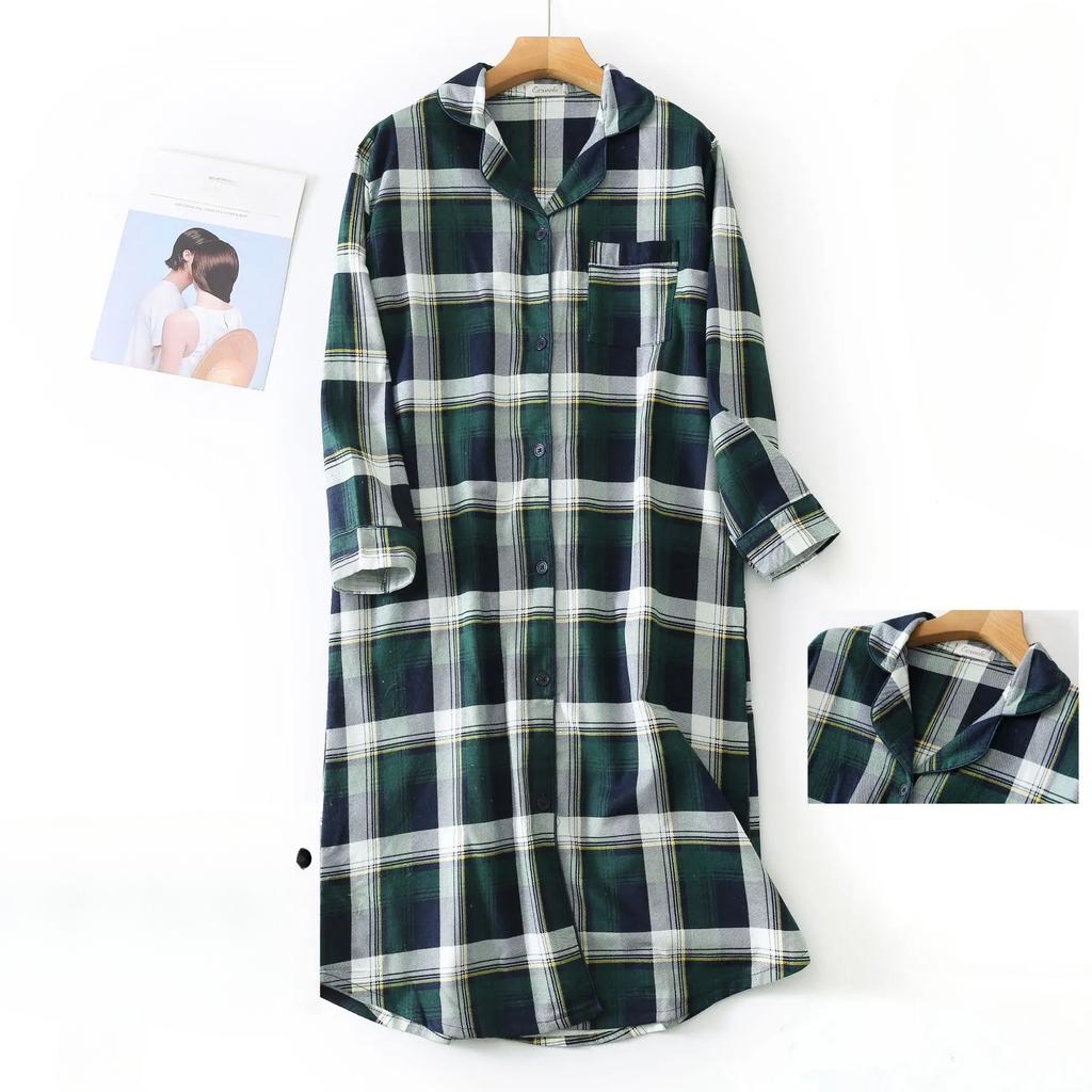 Übergröße Damen-Pyjama, kariertes Design, mittellanges Hemd, Nachthemd, Damenunterwäsche