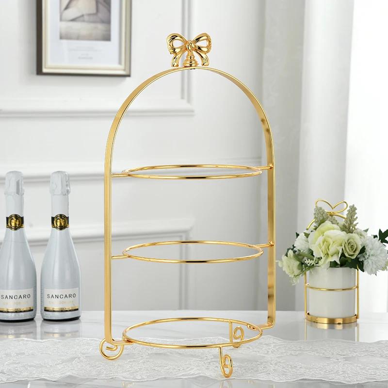 Single Layer Two Layers Three Layers Bow Metal Cake Stand Gold Silver Round Pearl Dessert Cake Pan Fruit Tray Display Stand