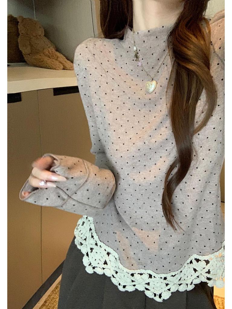 Elegantes Damen-T-Shirt mit weißen Polka-Dots und Spitzen-Patchwork, Langarm - Vielseitiges Herbst/Winter 2025 Basisshirt