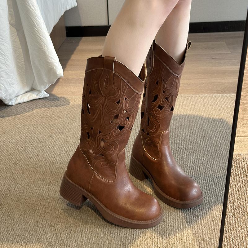 Fashion Vintage Hollow Out Women Western Cowboy Boots Autumn Ladies Causal Thick Heel Long Botas Zapatos De Mujer