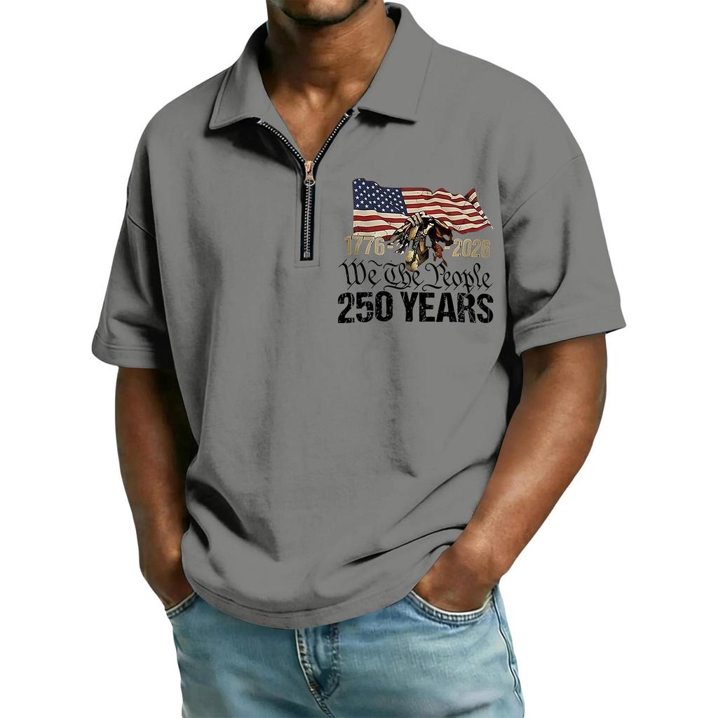 Men's Casual Loose Fit Polo Shirt Short Sleeve Top with Flag and Letter Print Zipper Collar Comfortable Summer Wear
