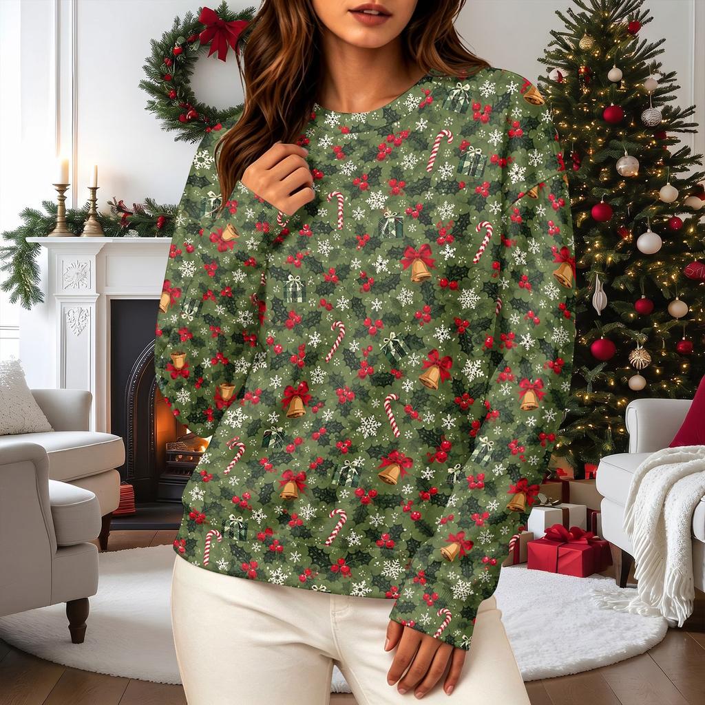Women's Casual Long Sleeve Christmas Print Crewneck Sweatshirt Top for Holiday Wear