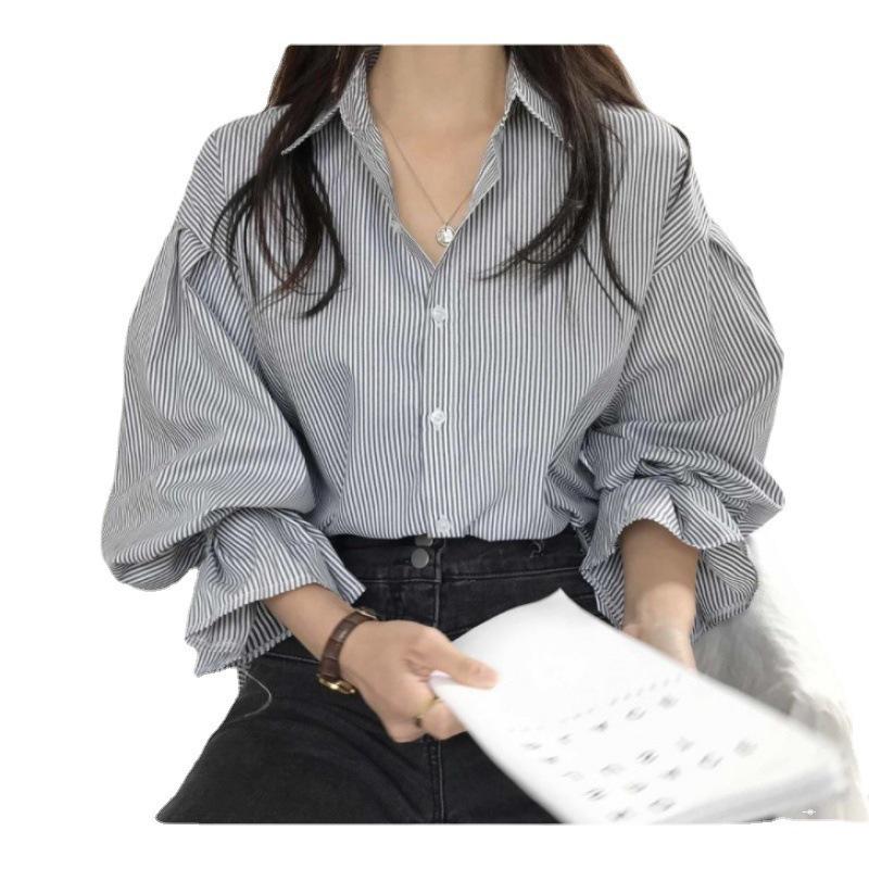 Korean Women's Retro Striped Lantern Sleeve Chic Top