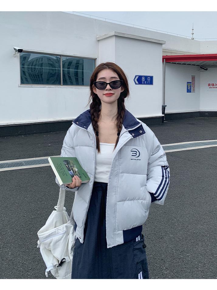 Padded jacket women's new winter student American retro high street striped padded jacket bread jacket thickened padded jacket