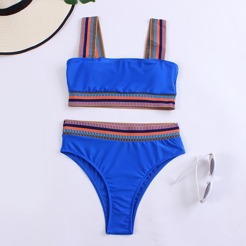 

Сексуальный комплект бикини женский купальник из двух частей в полоску с цветными вставками женский купальный костюм с высокой талией летняя пляжная мода XL синий