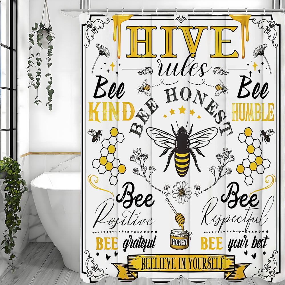 Yellow and Black Bee Quotes Shower Curtain, Vintage Rustic Inspirational Motivational Quotes Vintage Floral Flowers Honeycomb Ba