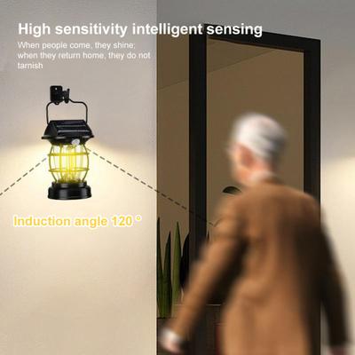 Solární závěsná lucerna Kempingové světlo s rukojetí Vysoký jas IP65 Vodotěsné Senzor pohybu Solárně napájená Stanová lampa LED světlo